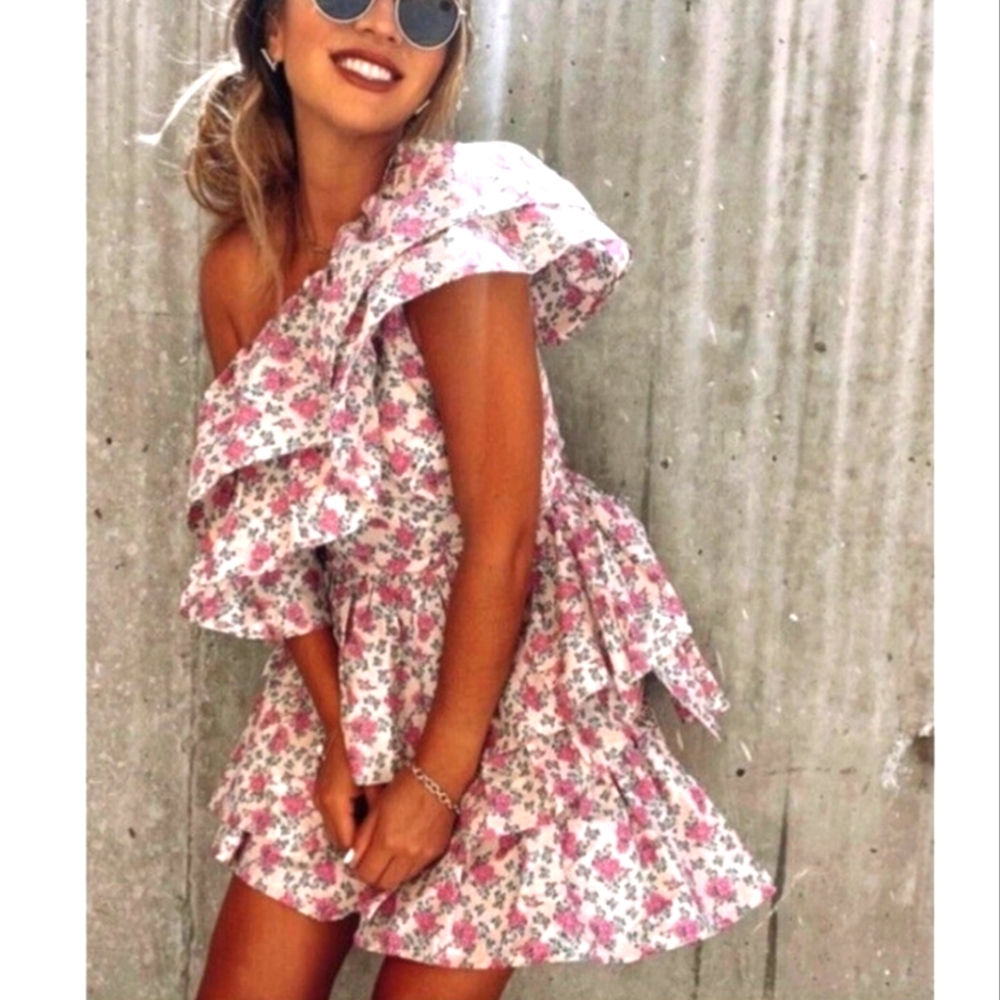 Vici X Gina ruffled one shoulder purplish pink floral mini dress, XL